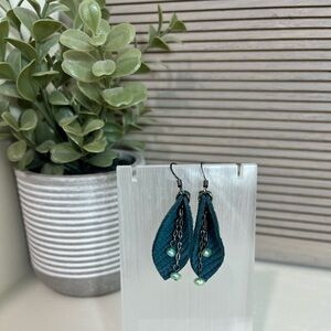 Handmade Folded Leaf Leather Earrings with Beaded Accent
